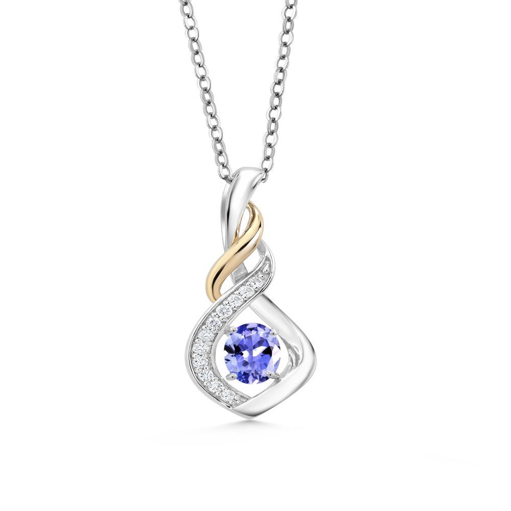 2 Tone 10K Yellow Gold and 925 Sterling Silver Blue Tanzanite and White Lab Grow