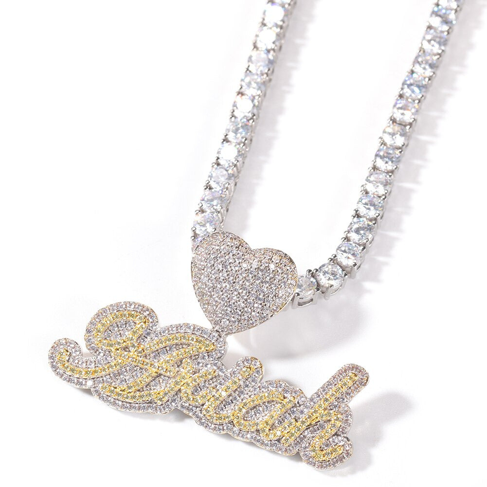 Custom Name Necklace Bubble Letter Heart Buckle Iced Out White Pink CZ Pendant