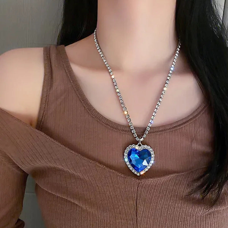 Big Crystal Heart Pendant Necklace for Women Full Rhinestone Heart of Ocean Blue