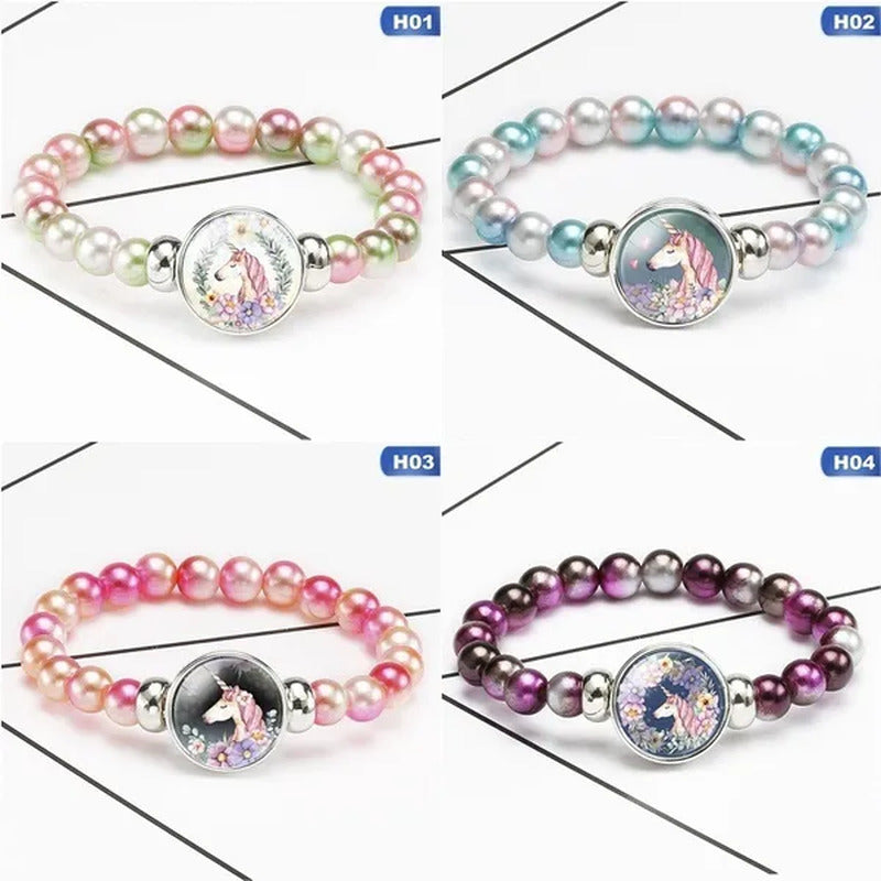 12 Styles Cute Unicorn Glass Rainbow Beads Bracelets & Bangles for Kids Girls Pa