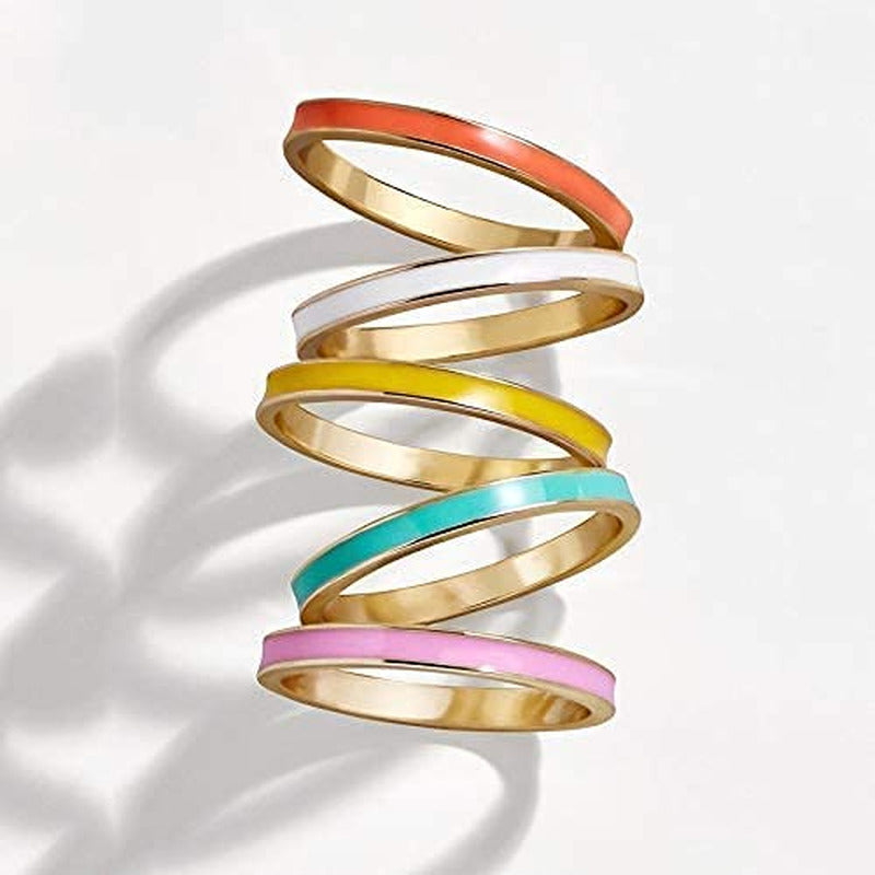 5PC Simple Colorful Bands Stacking Rings Set for Women Girl Teens. Boho Enamel K