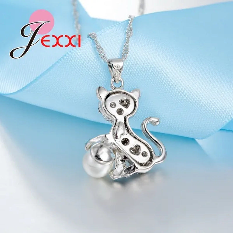 Cute Cat with Fine CZ Diamond and Pearl Ball 925 Sterling Silver Fashion Jewelry