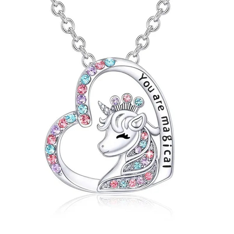 1/4Pcs You Are Magical Heart Shape Birthstone Crystal Unicorn Necklace Bracelet