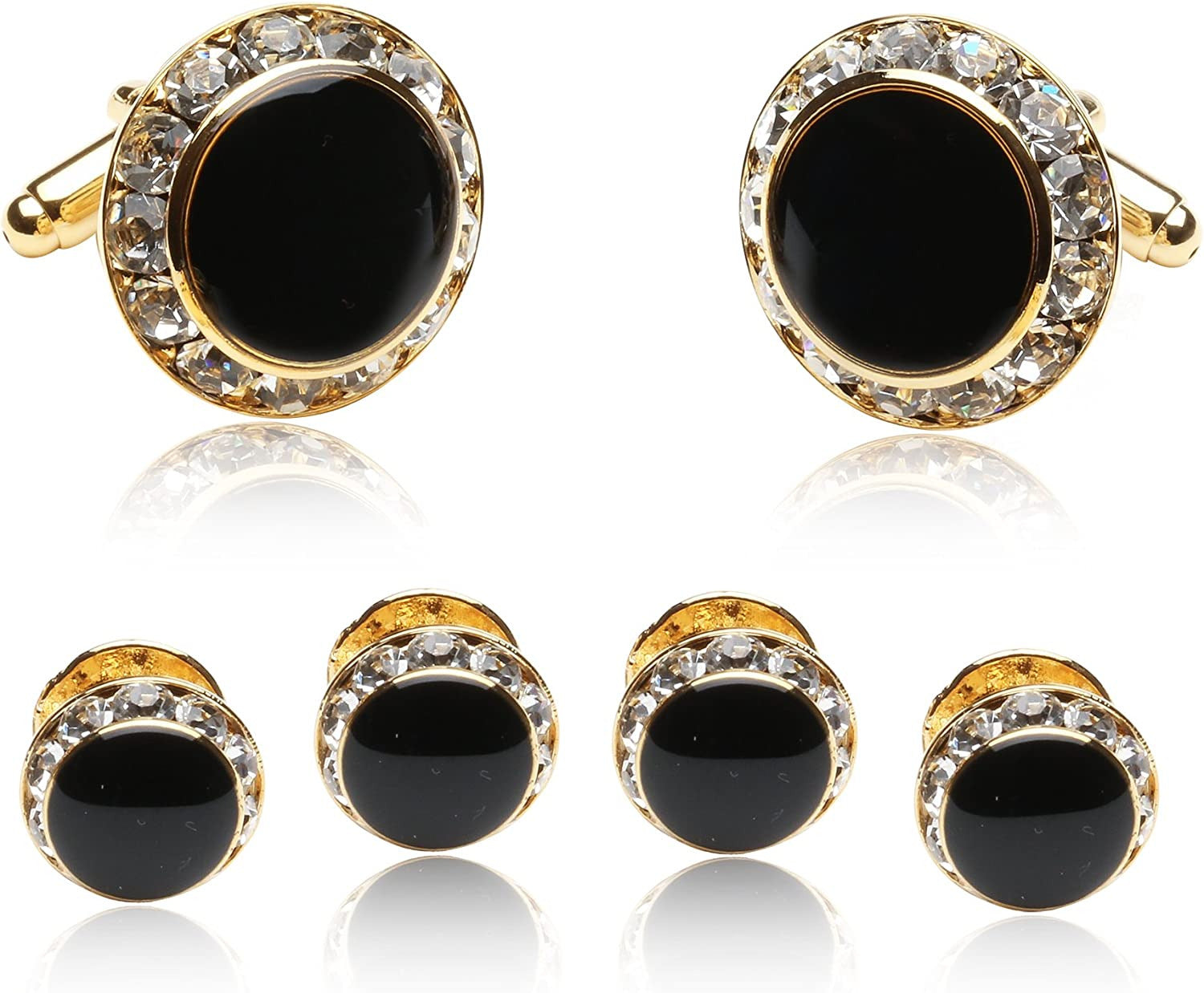 Black and CZ Gold Tuxedo Formal Set - Crystal Cufflinks and Studs with Protectiv