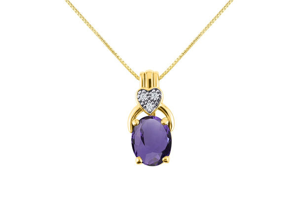 Diamond & Amethyst Pendant Necklace in 14K Yellow Gold with 18" Gold Chain - Feb