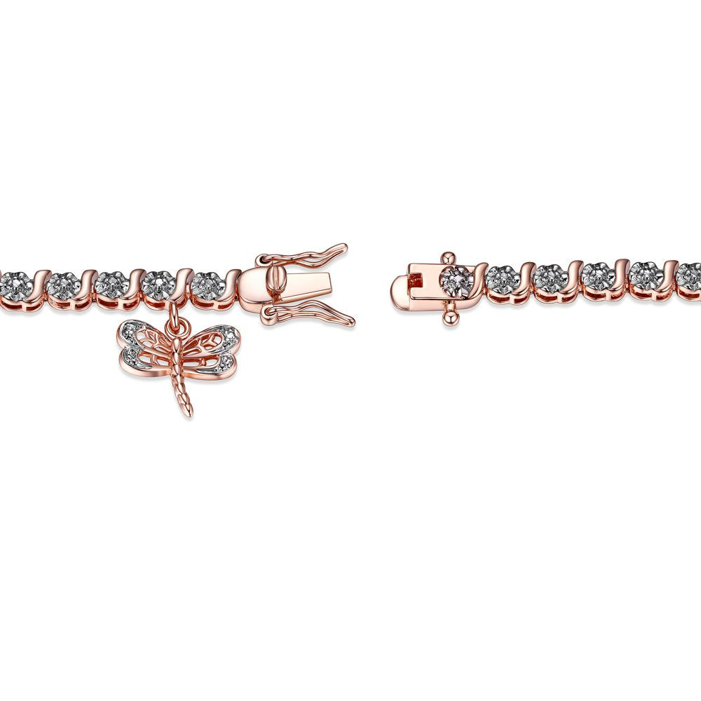 14K Rose Gold Plated Diamond Accent Dragonfly Charm Tennis Bracelet, 7.25"