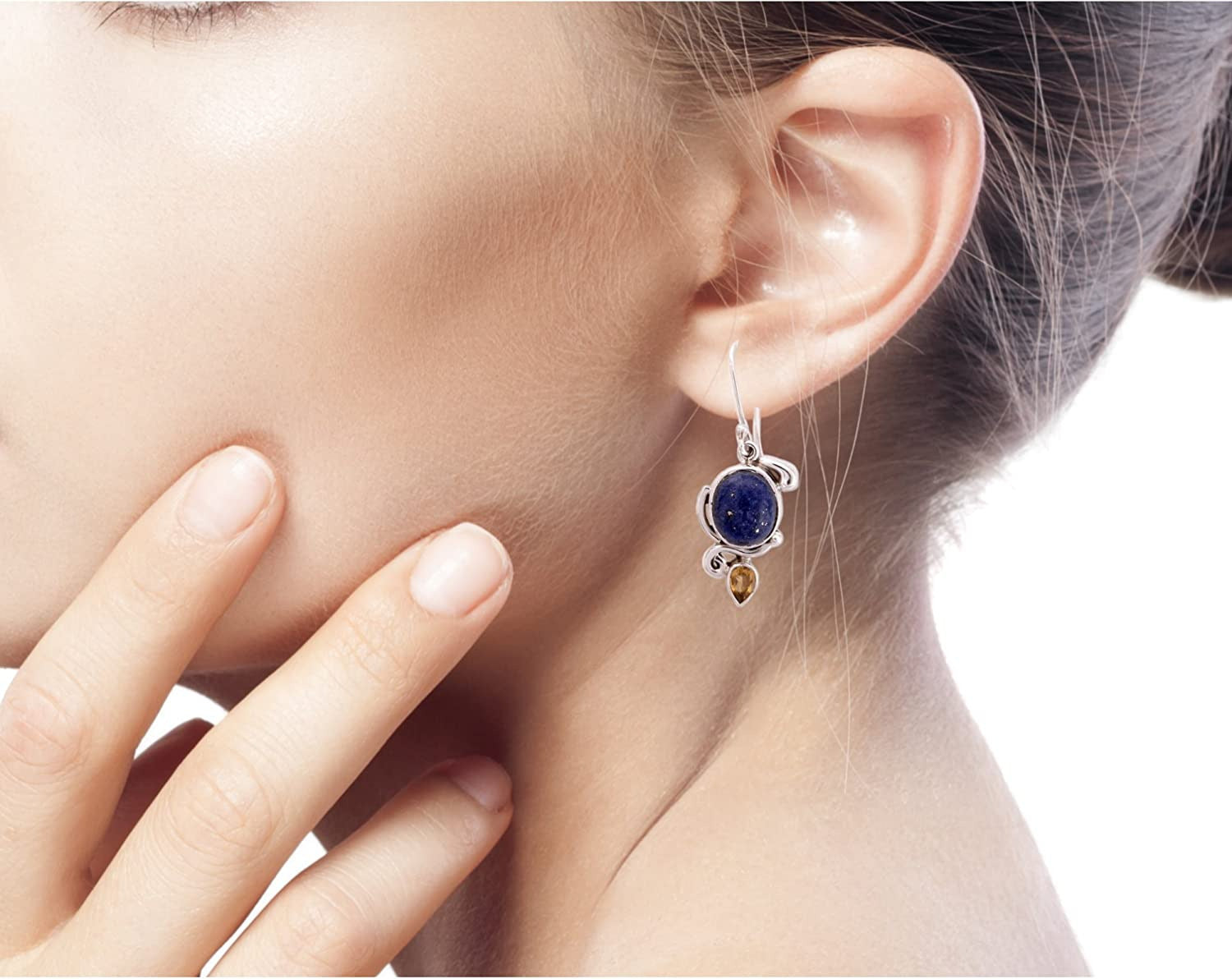 Lapis Lazuli and Citrine Dangle Earrings in 925 Sterling Silver Settings 'Royal