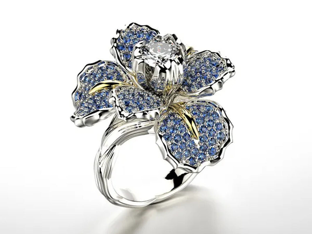 925 Silver Ring Iris Flower Two Tone Ring Blue Sapphire Flower Engagement Cockta