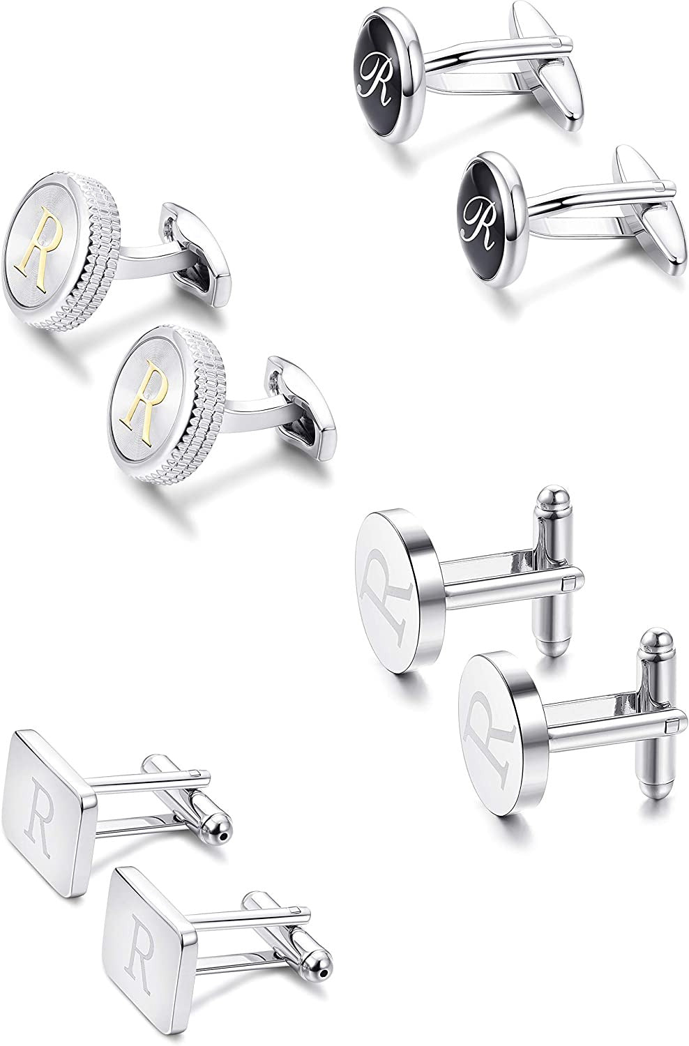 4Pairs Men'S Initial Letter Shirts Cufflinks Engraved Shirt Cufflink Alphabet Se