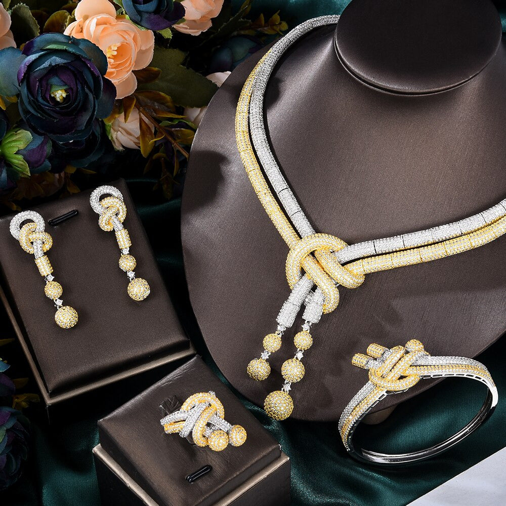 Luxury 4PCS African Knots Necklace Earring Sets Cubic Zirconia Jewelry Sets