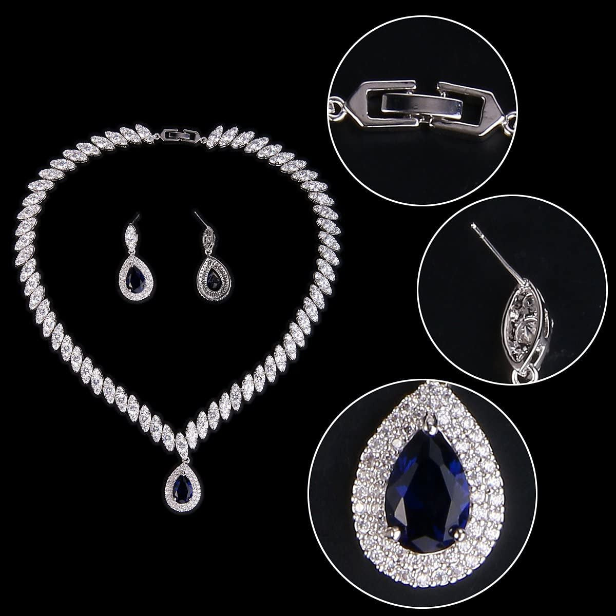 Women'S CZ Marquise-Shaped Leaf Teardrop Pendant Necklace Earrings Set Silver-To