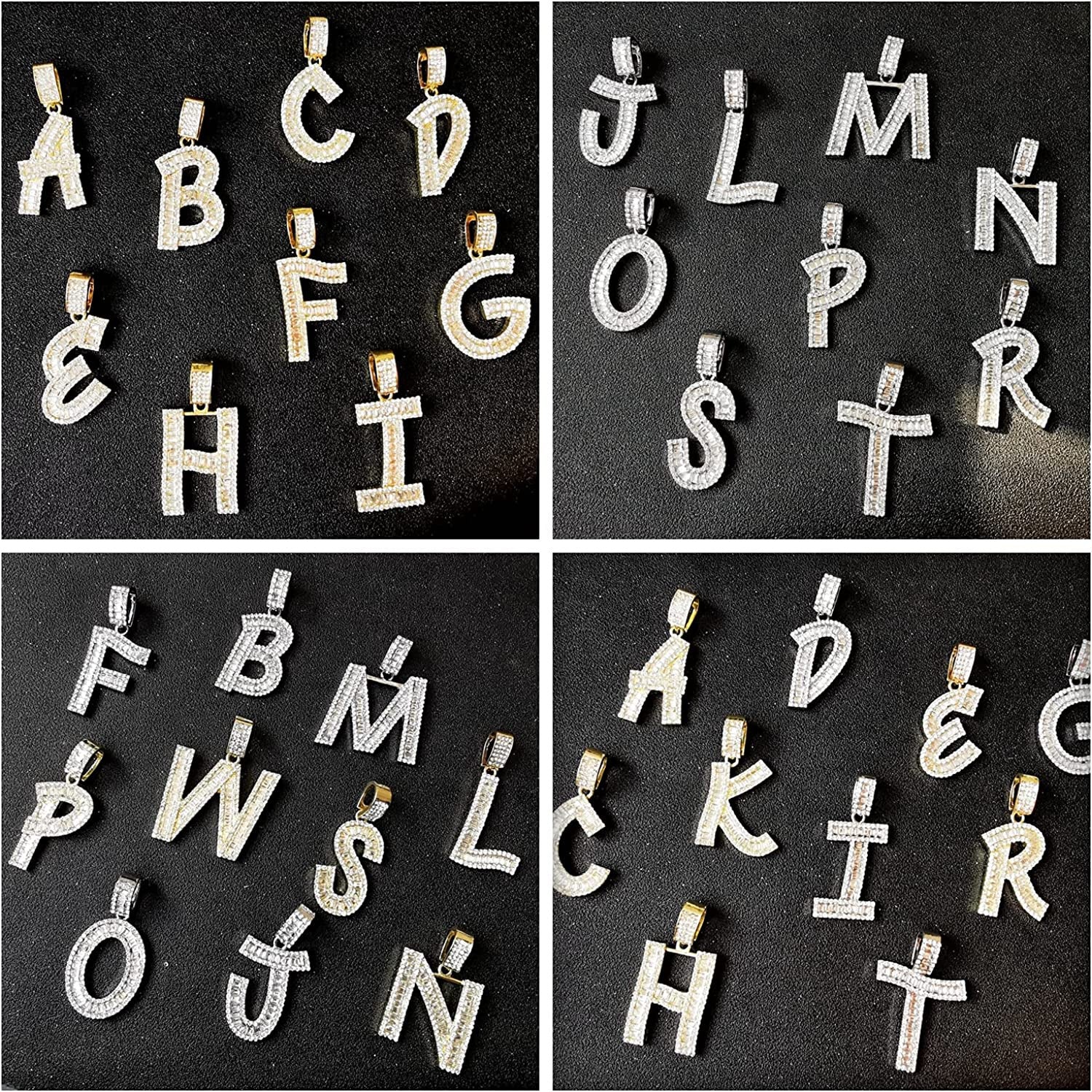 Bling Silver or Gold Baguette Initial Letter Necklaces for Men and Women Iced Ou