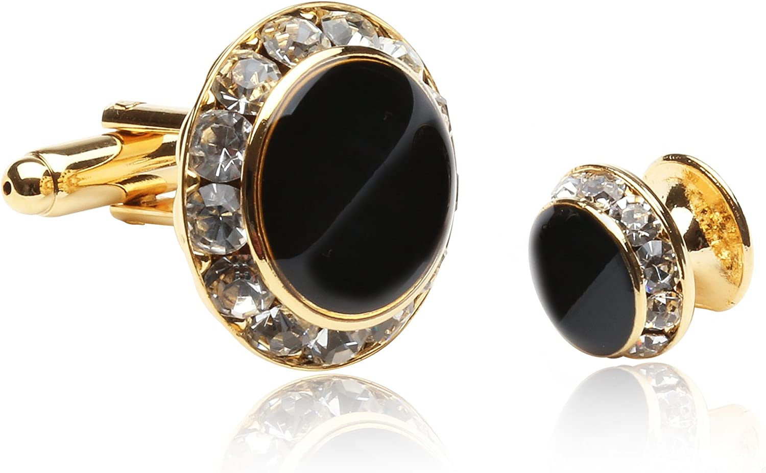 Black and CZ Gold Tuxedo Formal Set - Crystal Cufflinks and Studs with Protectiv