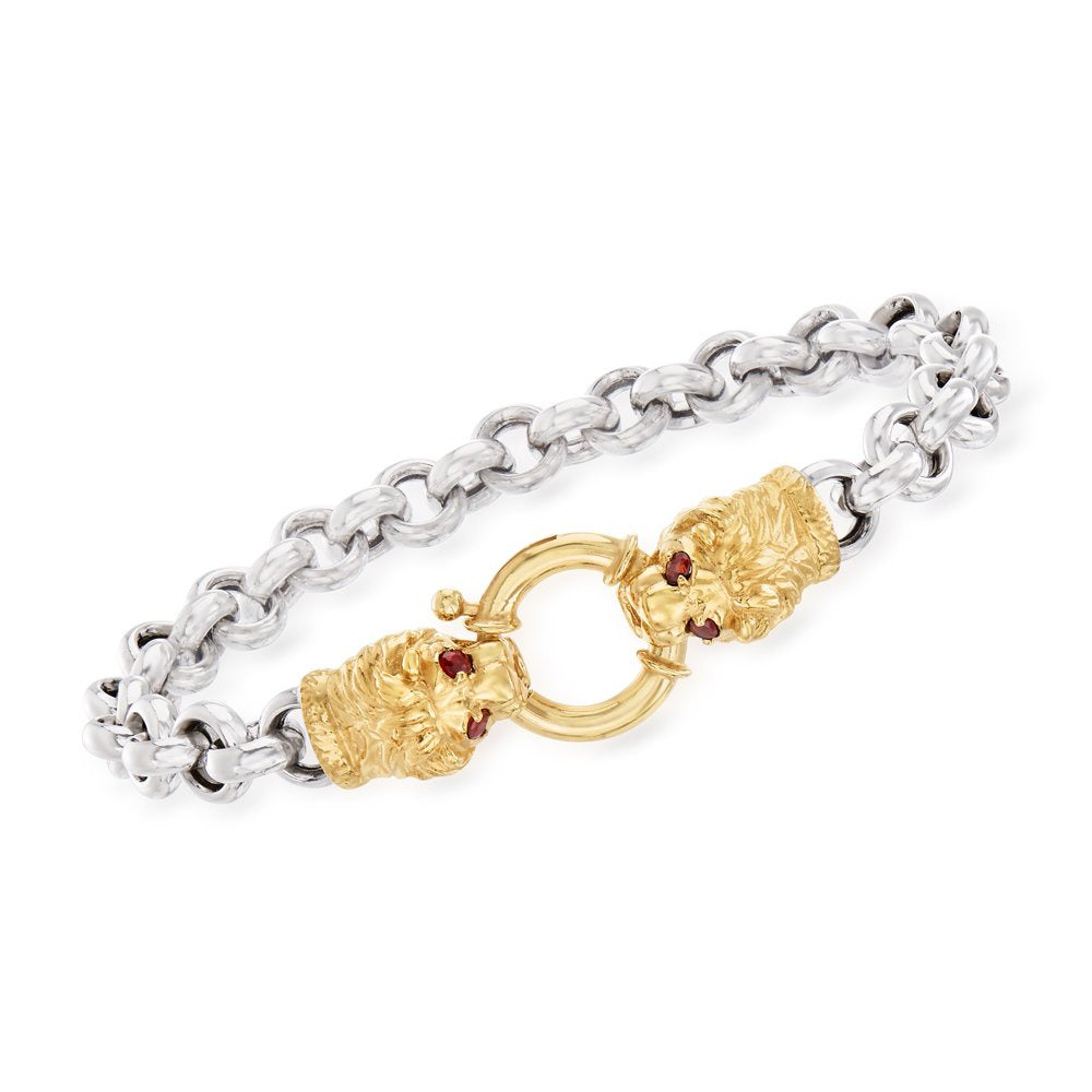 0.20 Ct. T.W. Garnet Double Lion Head Bracelet in 2-Tone Sterling Silver