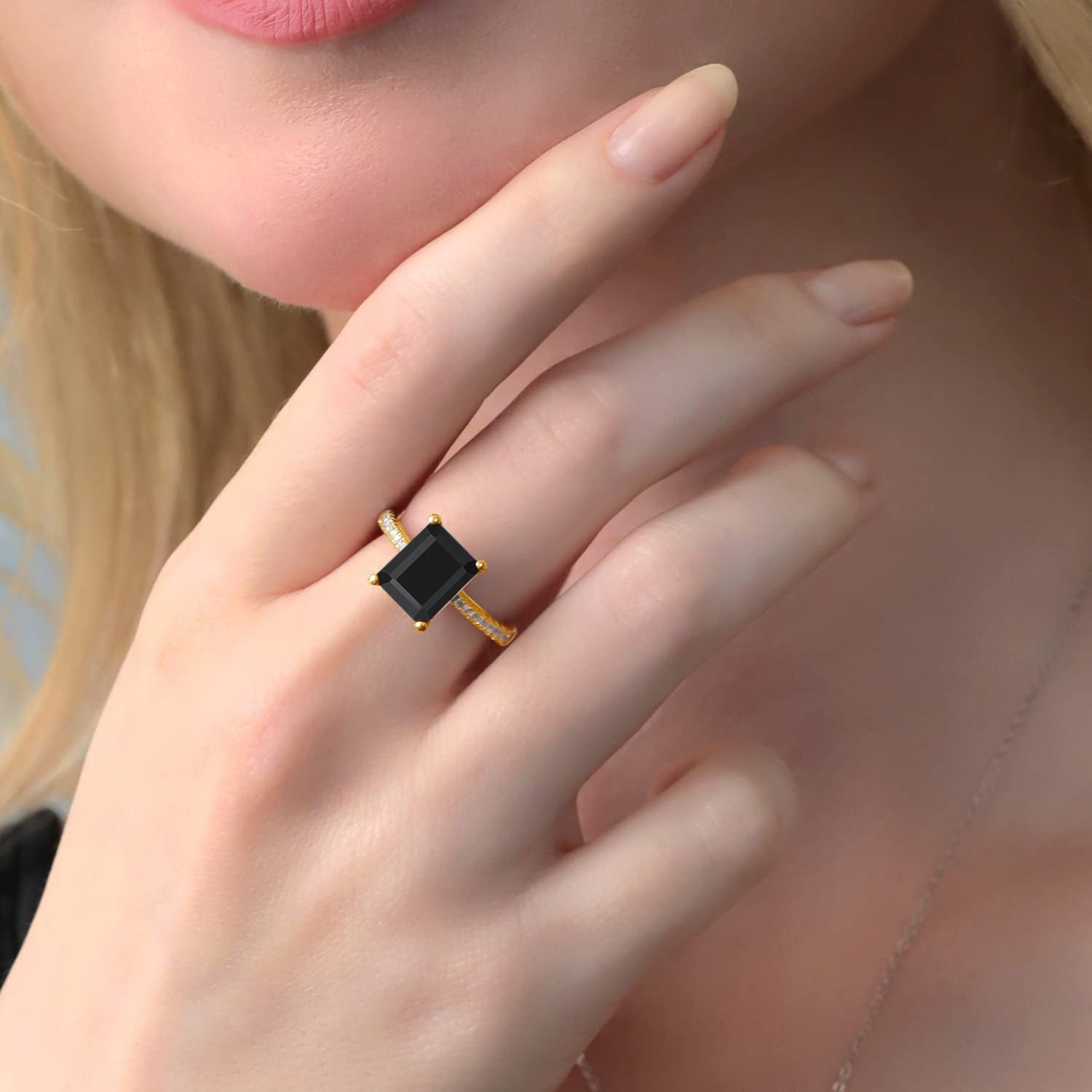 18K Yellow Gold Plated Silver Black Onyx and White Created Sapphire Ring for Wom