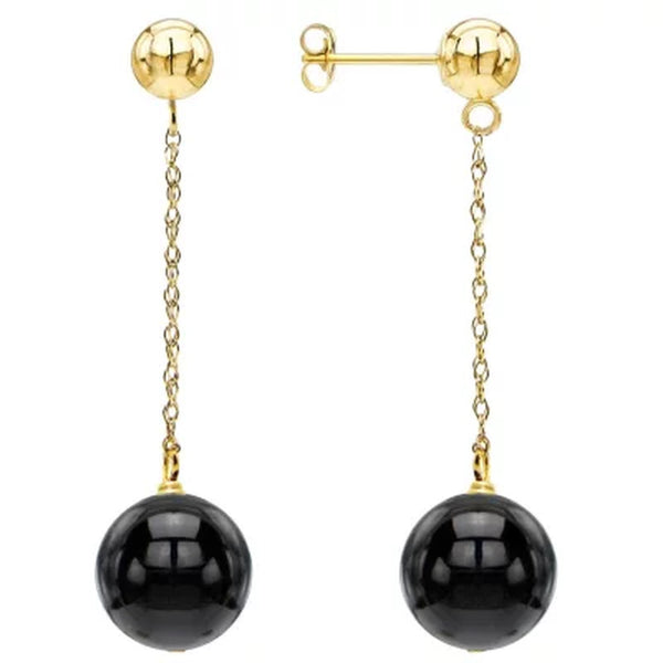 10MM Onyx Dangle Earrings in 14K Yellow Gold