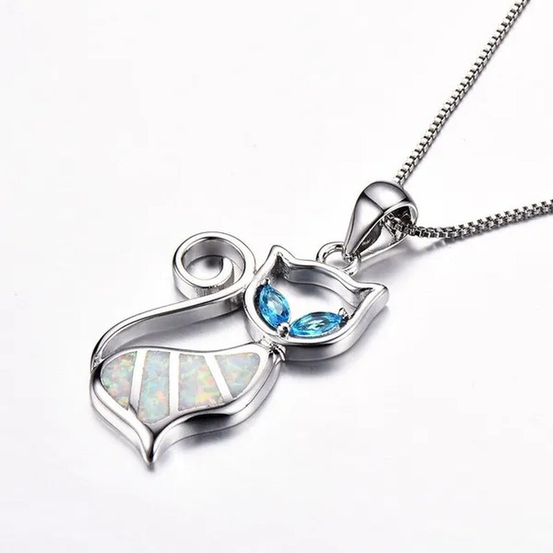 Fashion Elegant 925 Silver White Fire Opal Sapphire Cat Pendant Necklace Womens