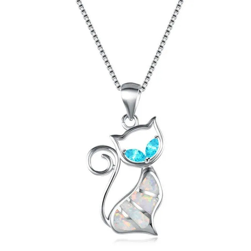 Fashion Elegant 925 Silver White Fire Opal Sapphire Cat Pendant Necklace Womens