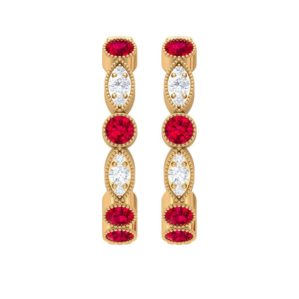 1 CT Ruby and Diamond Hoop Earrings, Ruby Vintage Earrings, Hoop Earrings with M