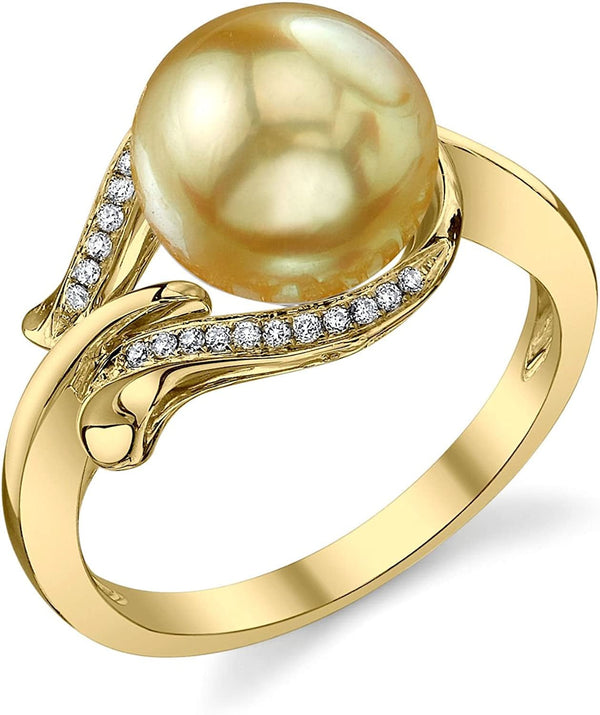 14K Gold 9-10Mm round Genuine Golden South Sea Cultured Pearl & Diamond Willow R