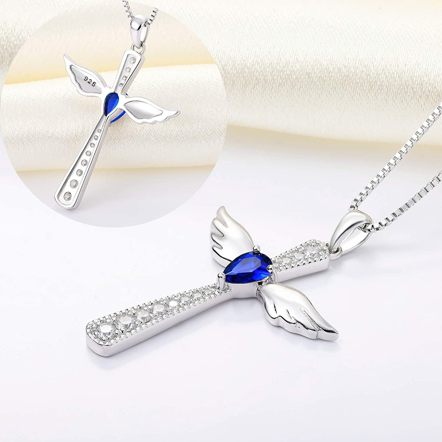 YL Cross Necklace 925 Sterling Silver Angel Wings Pendant Teardrop Cubic Zirconi