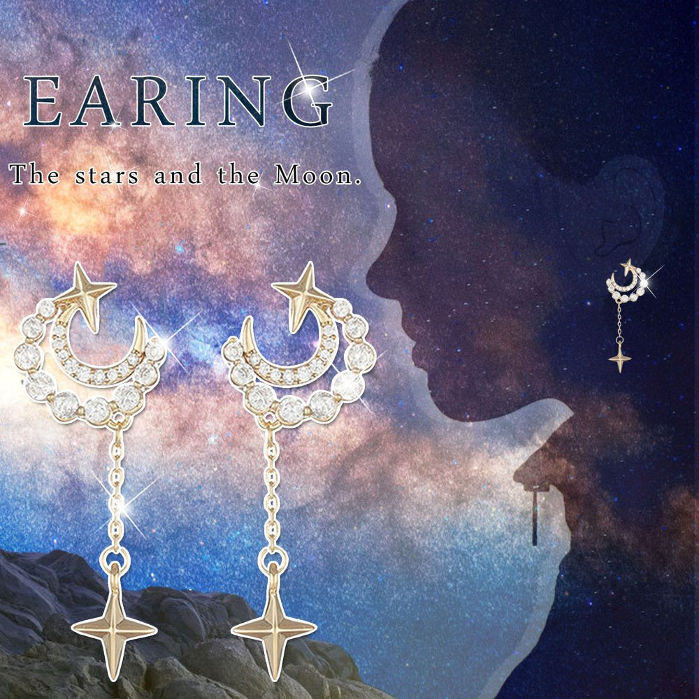 14K Gold Plated Hook Earrings Star Moon Diamond Earrings Women Fashion Trend Zir