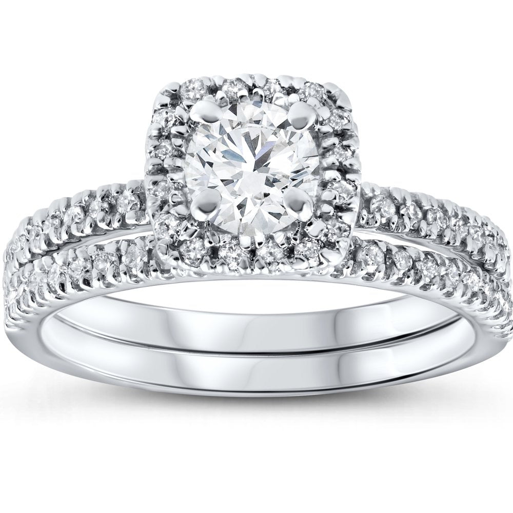 1 Cttw Cushion Halo Diamond Engagement Wedding Ring Set 10K White Gold