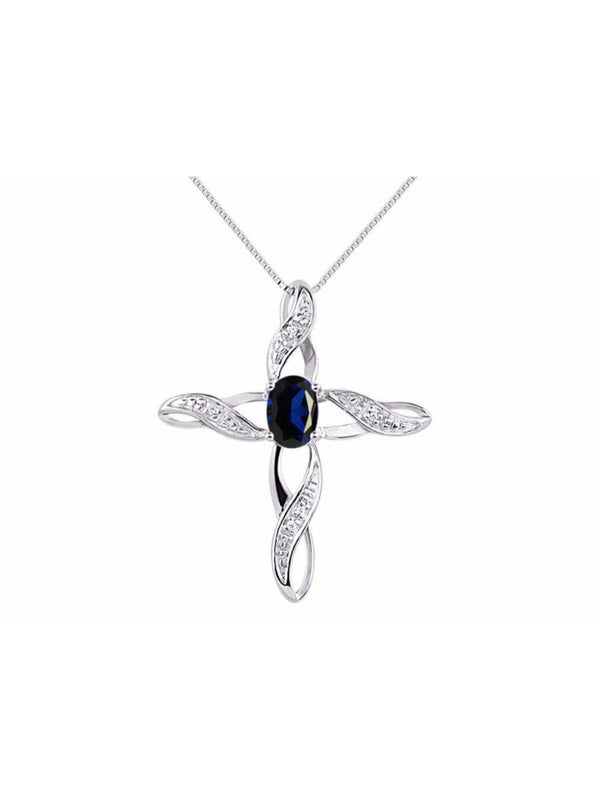 Diamond & Sapphire Cross Pendant Necklace Set in Set in 14K White Gold with 18"