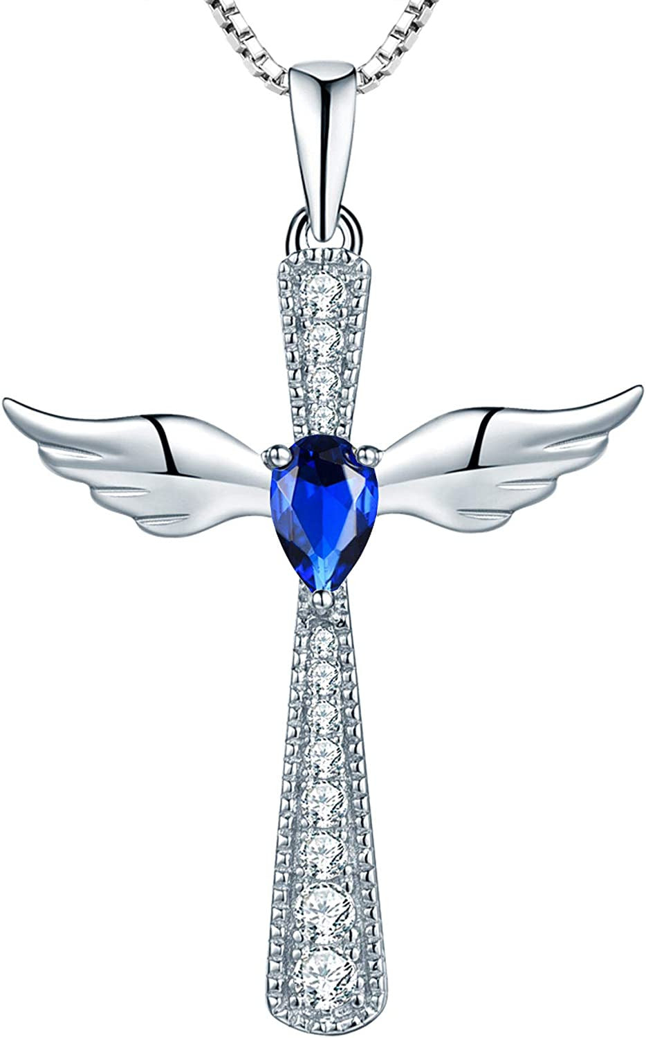 YL Cross Necklace 925 Sterling Silver Angel Wings Pendant Teardrop Cubic Zirconi