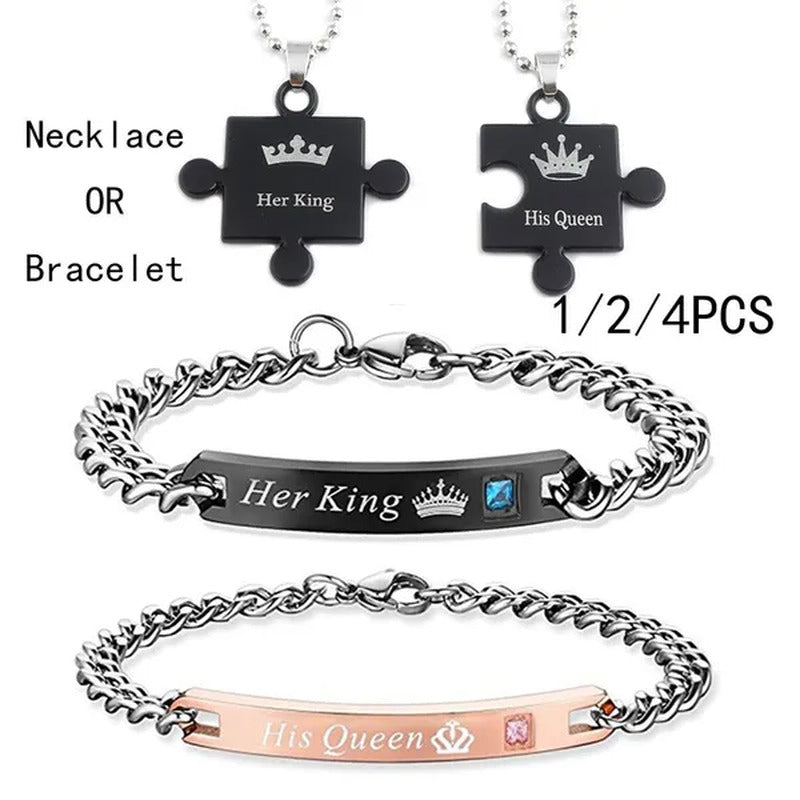 1\2\4Pcs Couples Necklaces Bracelets for Him and Her,His Queen Her King Couples