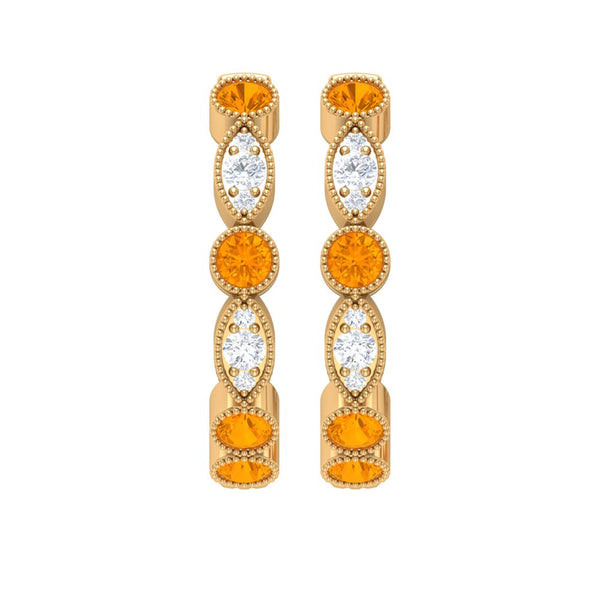 1 CT Orange Sapphire and Diamond Hoop Earrings, Orange Sapphire Vintage Earrings