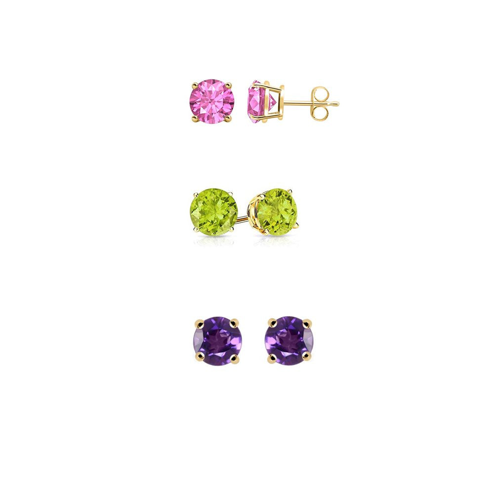 14K Yellow Gold 3Ct Created Pink Sapphire, Peridot and Amethyst 3 Pair round Stu