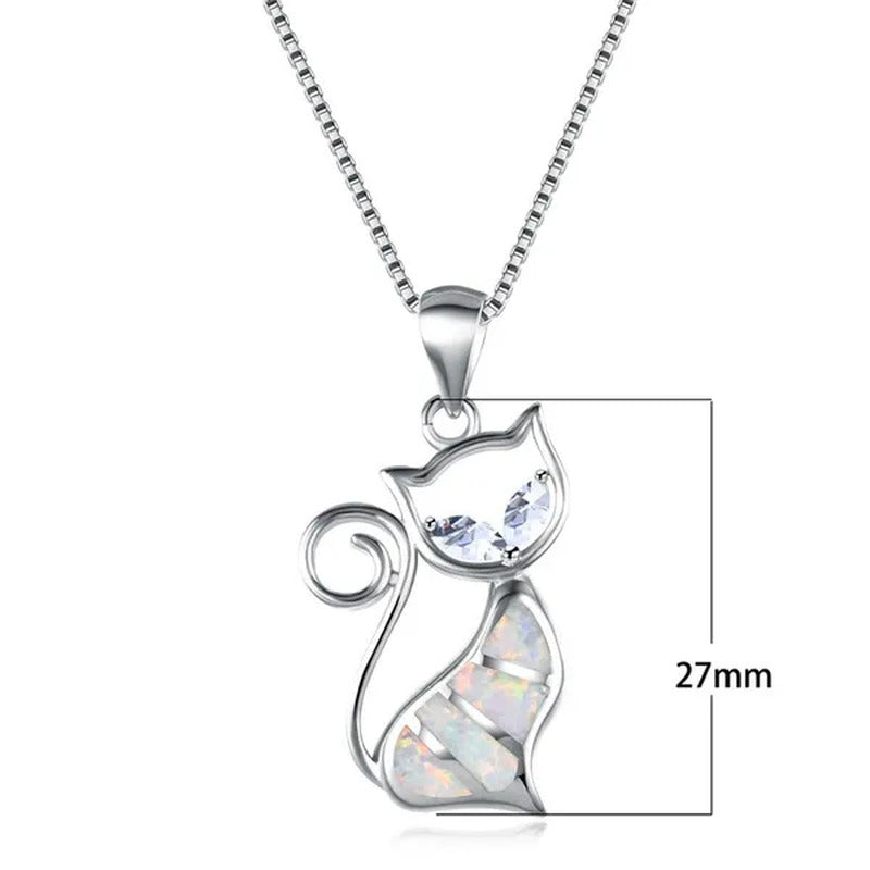 Fashion Elegant 925 Silver White Fire Opal Sapphire Cat Pendant Necklace Womens