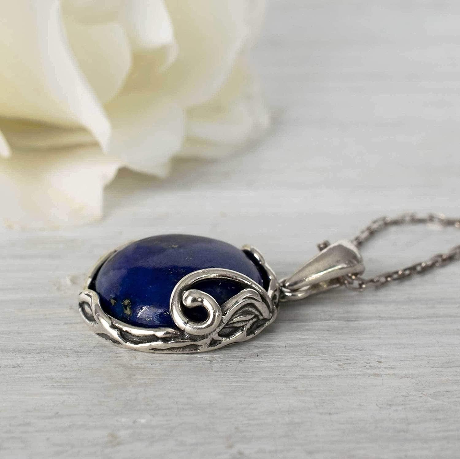 925 Sterling Silver Natural Lapis Necklace - 14Mm Blue Lapis Lazuli round Gemsto