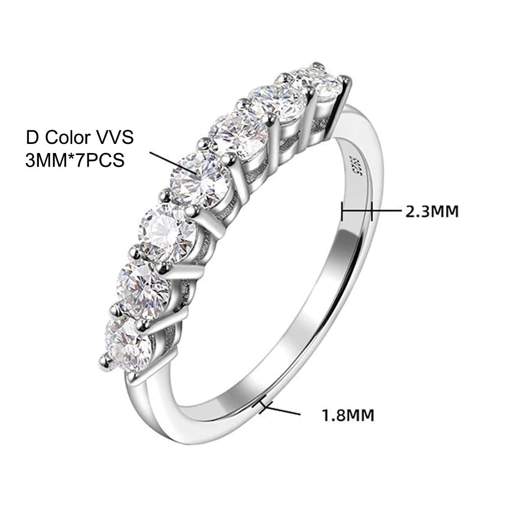 Real D Color 7 Stones 3Mm Full Moissanite Row Rings S925 Sterling Silver