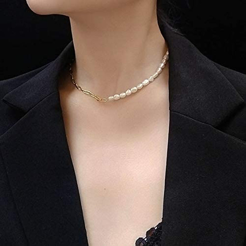 Cowlyn Paper Clip Pearl Necklace Vintage Chunky Link Chain Baroque Cultured Pear