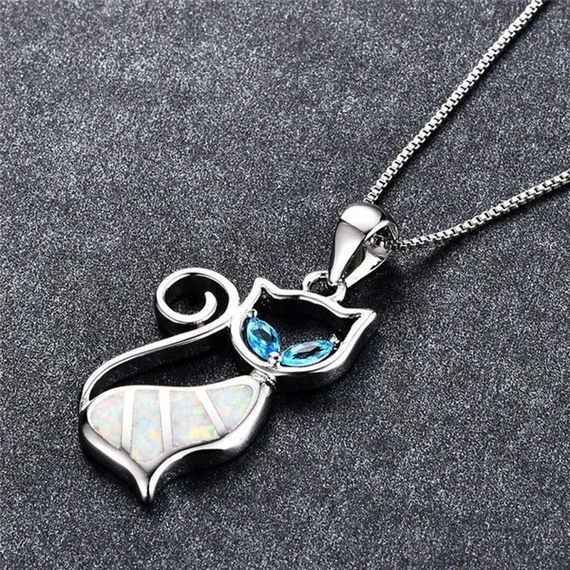 Fashion Elegant 925 Silver White Fire Opal Sapphire Cat Pendant Necklace Womens