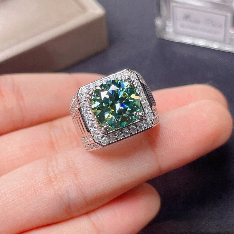 5Ct Green Moissanite Mens Ring 925 Silver Beautiful Firecolour Diamond