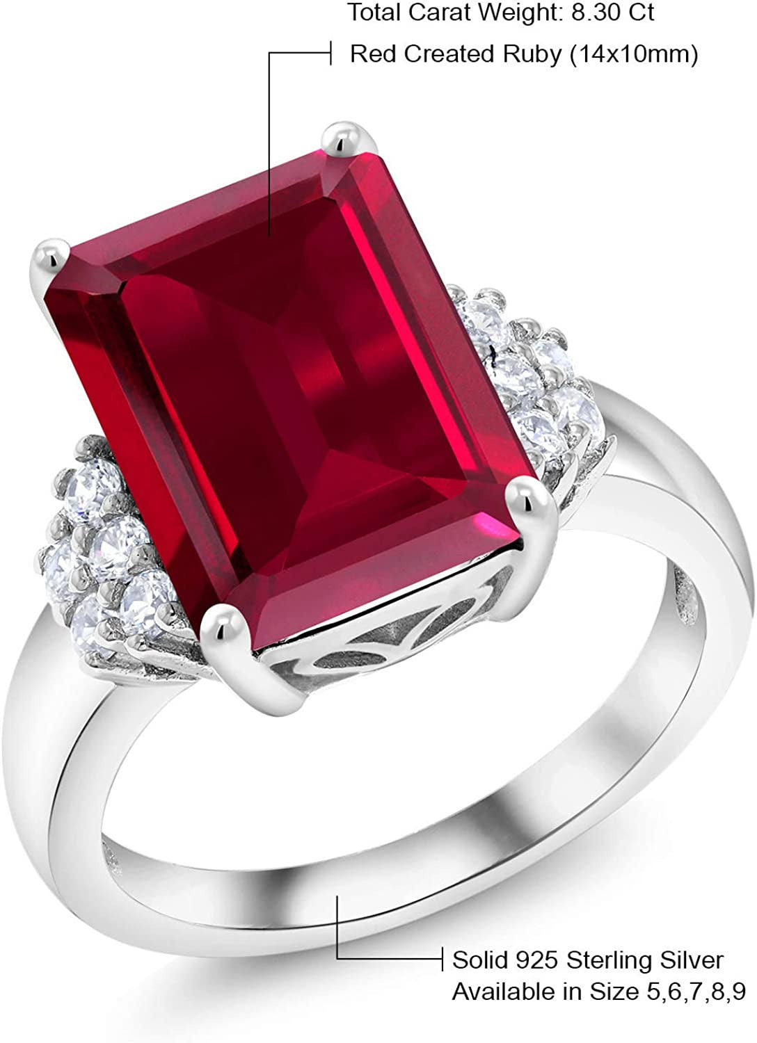 925 Sterling Silver Red Created Ruby Engagement Ring for Women (8.30 Cttw, Emera