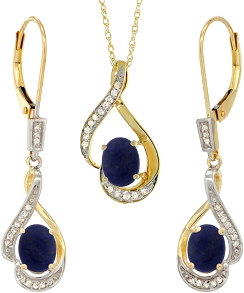 14K Yellow Gold Diamond Natural Lapis Lever Back Earrings & Necklace Set Oval 7X