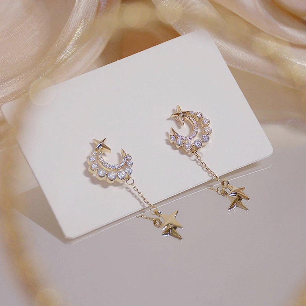 14K Gold Plated Hook Earrings Star Moon Diamond Earrings Women Fashion Trend Zir