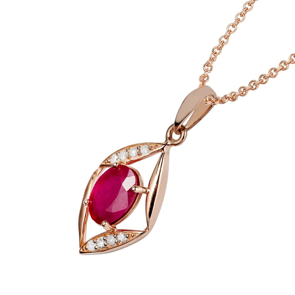 10K Rose Gold Genuine Oval Ruby and Diamond Pendant Necklace