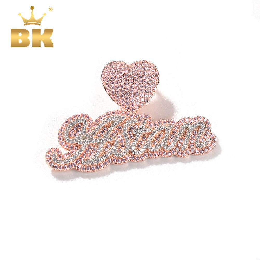 Custom Name Necklace Bubble Letter Heart Buckle Iced Out White Pink CZ Pendant