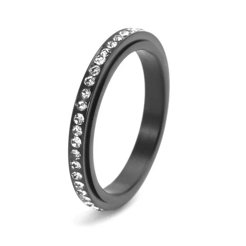 3Mm Wide Titanium Steel Exquisite Thin Spinner Ring Inlay Single Row Rhinestones