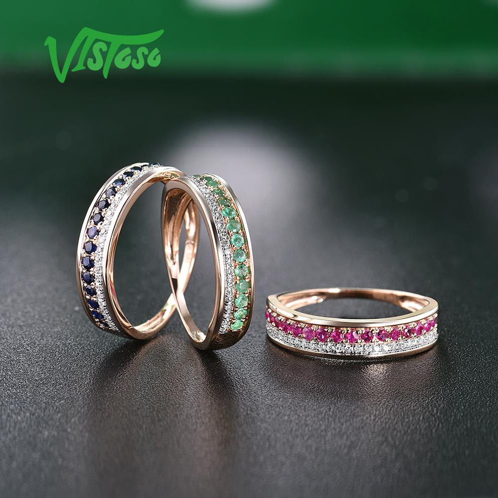 14K Rose Gold Rings for Lady Genuine Shiny Diamond Fancy Ruby Sapphire Emerald