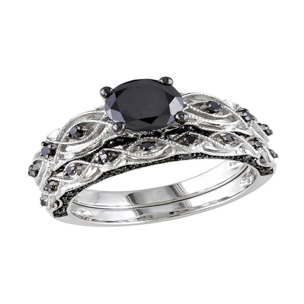 1.39 Carat (Ctw) Black Diamond Engagement Ring and Wedding Band Set in 10K White