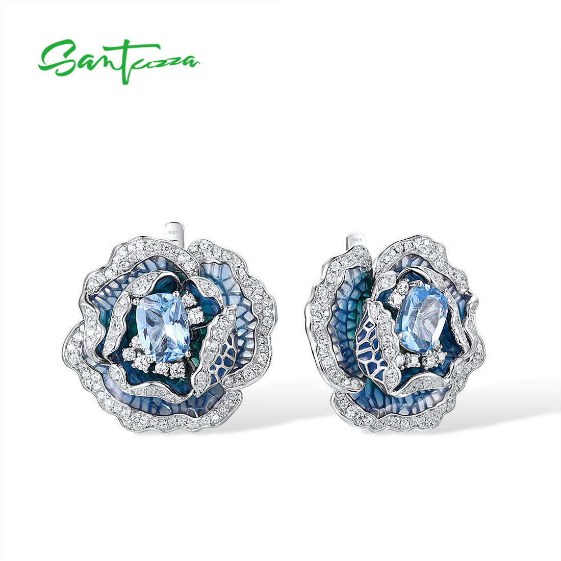 925 Sterling Silver Earrings for Women Blue Spinel White CZ Blooming Flower Eleg