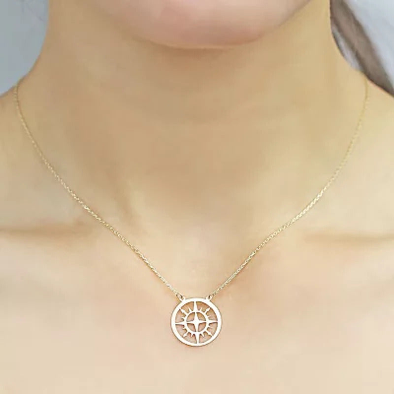 14K Yellow Gold Compass Disk Necklace, 16-18"