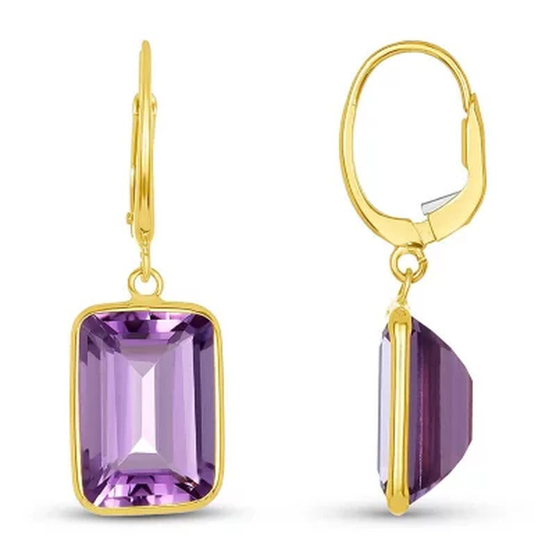 Emerald Cut Amethyst Dangle Earrings in 14K Yellow Gold