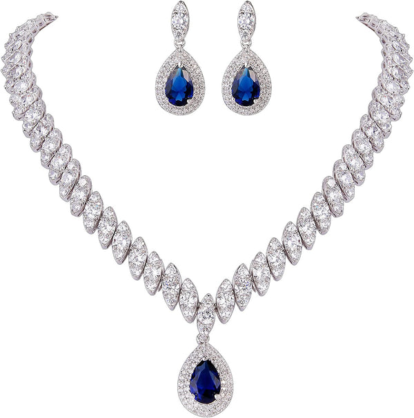 Women'S CZ Marquise-Shaped Leaf Teardrop Pendant Necklace Earrings Set Silver-To